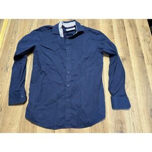 Alex Vando Mens Navy Blue Long Sleeve Button Down Shirt Gingham Trim Medium